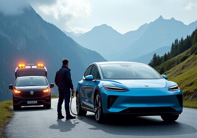 Pannenhilfe für ein Elektroauto in den Schweizer Alpen